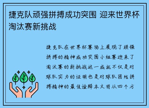 捷克队顽强拼搏成功突围 迎来世界杯淘汰赛新挑战