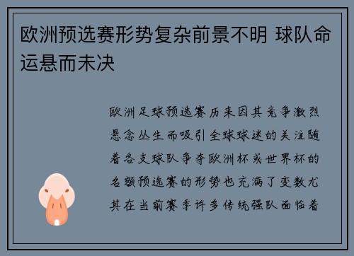欧洲预选赛形势复杂前景不明 球队命运悬而未决
