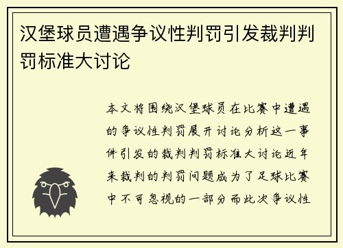 汉堡球员遭遇争议性判罚引发裁判判罚标准大讨论