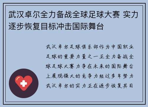 武汉卓尔全力备战全球足球大赛 实力逐步恢复目标冲击国际舞台