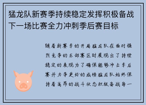 猛龙队新赛季持续稳定发挥积极备战下一场比赛全力冲刺季后赛目标