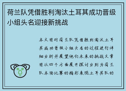 荷兰队凭借胜利淘汰土耳其成功晋级小组头名迎接新挑战