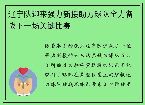 辽宁队迎来强力新援助力球队全力备战下一场关键比赛
