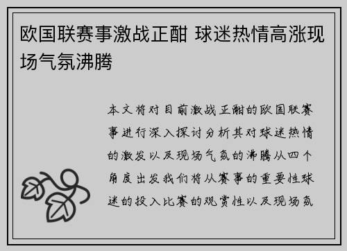欧国联赛事激战正酣 球迷热情高涨现场气氛沸腾